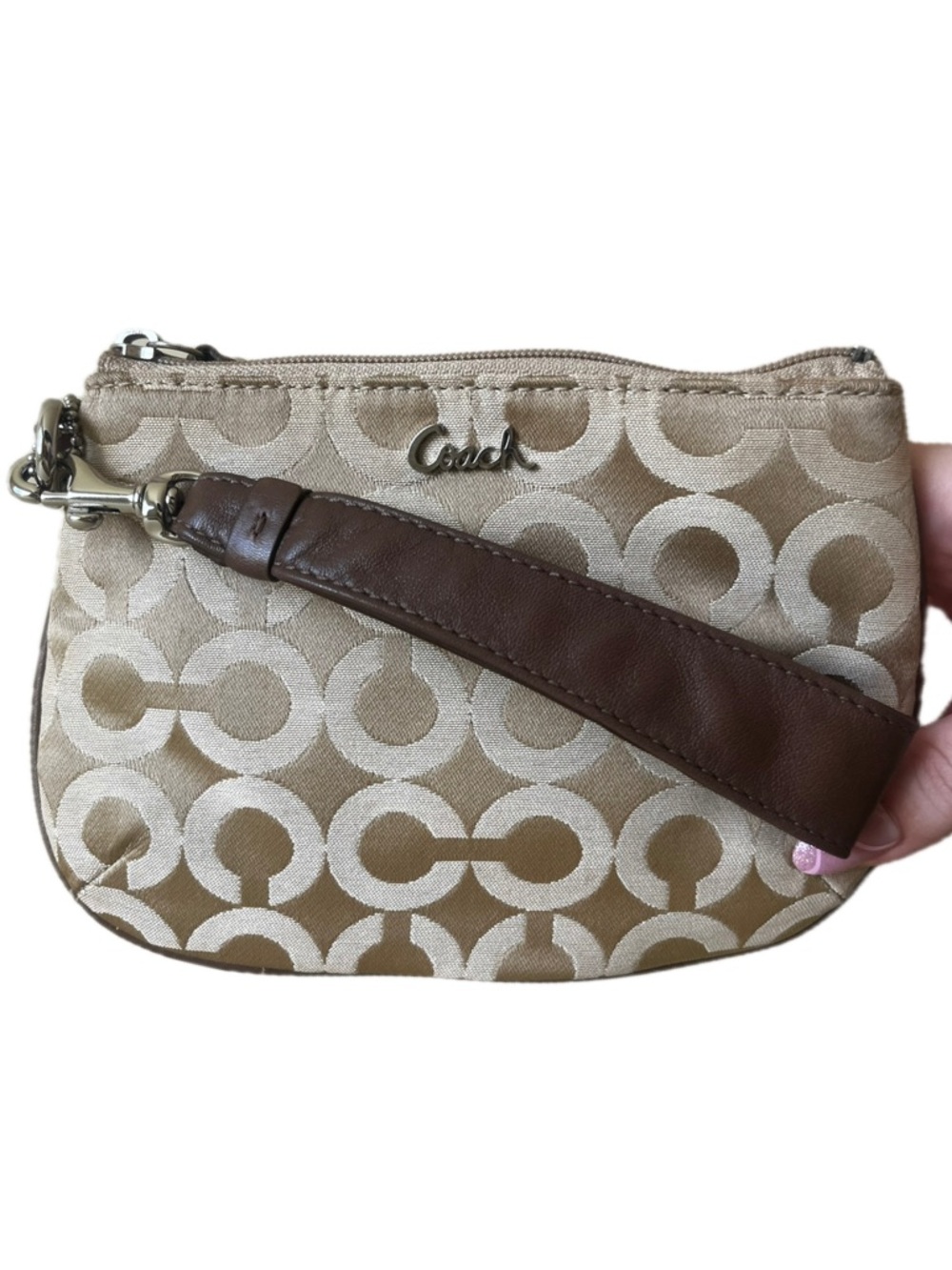 Coach Signature Op Art Khaki Jacquard Wristlet